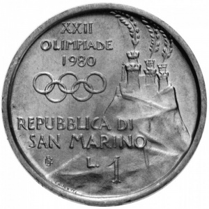 Аверс монеты Сан-Марино, 1 лира, 1980, XXII летние Олимпийские Игры, Москва 1980