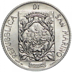 Аверс монеты Сан-Марино, 2 лиры, 1988, Укрепления Сан-Марино