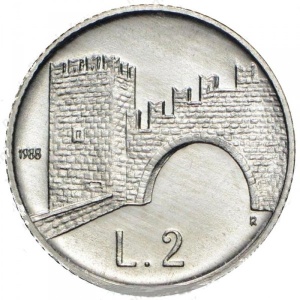 Реверс монеты Сан-Марино, 2 лиры, 1988, Укрепления Сан-Марино