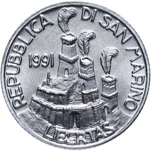 Аверс монеты Сан-Марино, 2 лиры, 1991