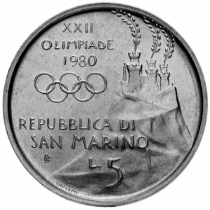 Аверс монеты Сан-Марино, 5 лир, 1980, XXII летние Олимпийские Игры, Москва 1980