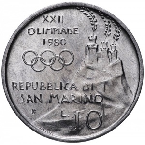 Аверс монеты Сан-Марино, 10 лир, 1980, XXII летние Олимпийские Игры, Москва 1980