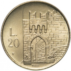 Реверс монеты Сан-Марино, 20 лир, 1988, Укрепления Сан-Марино