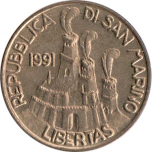 Аверс монеты Сан-Марино, 20 лир, 1991