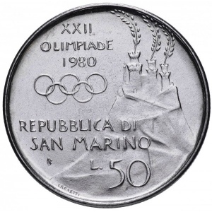 Аверс монеты Сан-Марино, 50 лир, 1980, XXII летние Олимпийские Игры, Москва 1980