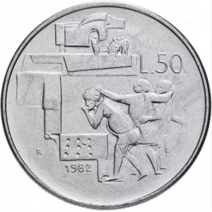 Реверс монеты Сан-Марино, 50 лир, 1982, Социальные достижения