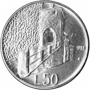 Реверс монеты Сан-Марино, 50 лир, 1988, Укрепления Сан-Марино