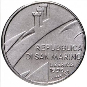 Аверс монеты Сан-Марино, 50 лир, 1990, Шестнадцать веков истории