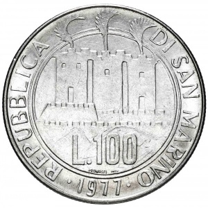 Аверс монеты Сан-Марино, 100 лир, 1977, Экология /кольцо из звёздочек на реверсе/