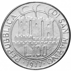 Аверс монеты Сан-Марино, 100 лир, 1977, Экология /стилизованая рыба на реверсе/