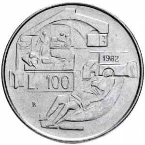 Реверс монеты Сан-Марино, 100 лир, 1982, Социальные достижения