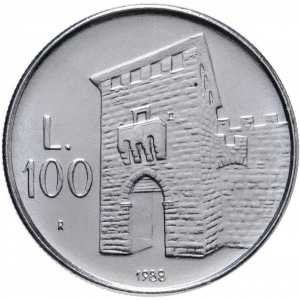 Реверс монеты Сан-Марино, 100 лир, 1988, Укрепления Сан-Марино