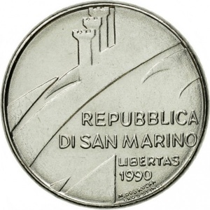 Аверс монеты Сан-Марино, 100 лир, 1990, Шестнадцать веков истории