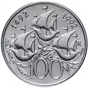 Реверс монеты Сан-Марино, 100 лир, 1992, 500 лет открытию Америки