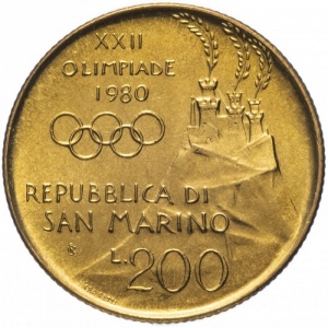 Аверс монеты Сан-Марино, 200 лир, 1980, XXII летние Олимпийские Игры, Москва 1980