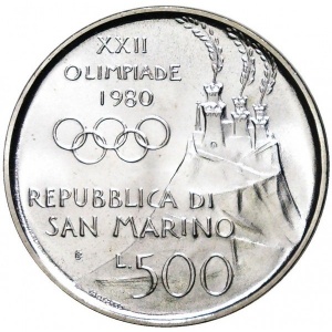 Аверс монеты Сан-Марино, 500 лир, 1980, XXII летние Олимпийские Игры, Москва 1980