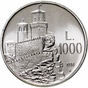 Реверс монеты Сан-Марино, 1000 лир, 1988, Укрепления Сан-Марино