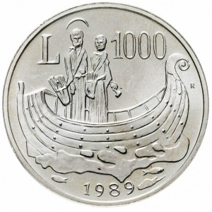 Реверс монеты Сан-Марино, 1000 лир, 1989, Шестнадцать веков истории