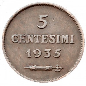 Реверс монеты Сан-Марино, 5 чентезимо, 1935-1938