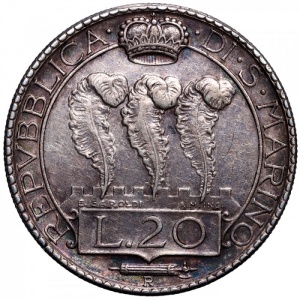 Аверс монеты Сан-Марино, 20 лир, 1931-1936