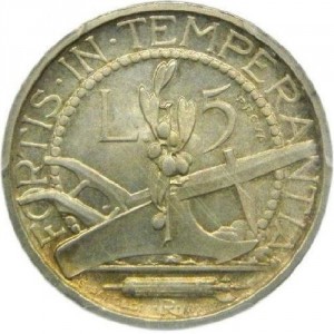 Реверс монеты Сан-Марино, 5 лир, 1932, Образец (Проба около цифры 5)