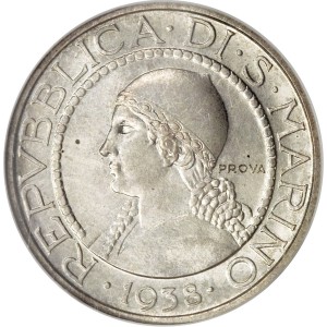 Аверс монеты Сан-Марино, 5 лир, 1933-1938, Образец (Проба рядом с фигурой)