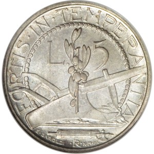 Реверс монеты Сан-Марино, 5 лир, 1933-1938, Образец (Проба рядом с фигурой)