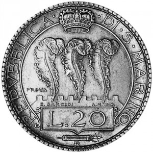 Аверс монеты Сан-Марино, 20 лир, 1933-1935, PROVA