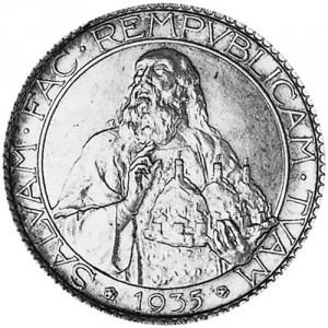 Реверс монеты Сан-Марино, 20 лир, 1933-1935, PROVA