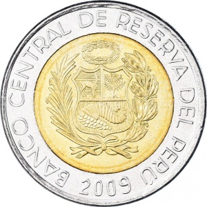 Аверс монеты Перу, 5 новых солей, 1994-2009