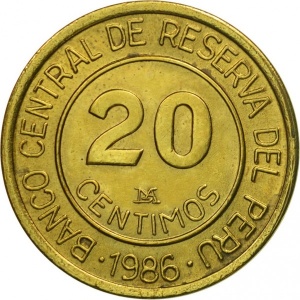 Аверс монеты Перу, 20 сентимо, 1985-1987