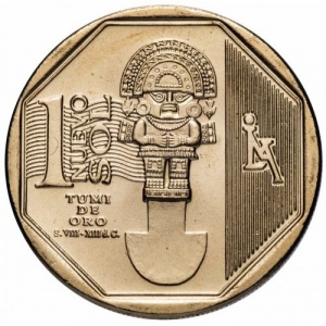 Реверс монеты Перу, 1 новый соль, 2010, Золотой Туми