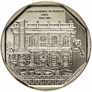 Реверс монеты Перу, 1 новый соль, 2015, 450 лет национальному монетному двору