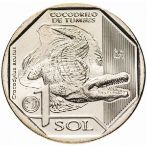 Реверс монеты Перу, 1 соль, 2017, Острорылый крокодил (Crocodylus acutus)