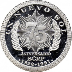 Реверс монеты Перу, 1 новый соль, 1997, 75 лет Центральному резервному банку Перу