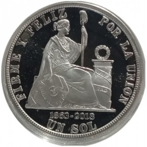 Реверс монеты Перу, 1 новый соль, 2013, 150 лет денежной единице соль