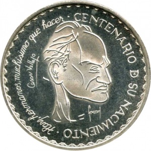 Аверс монеты Перу, 20 новых солей, 1992, 100 лет с дня рождения Сесара Вальехо