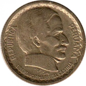 Аверс монеты Перу, 20 сентаво, 1954, 100 лет Либеральной революции, Рамон Кастилья