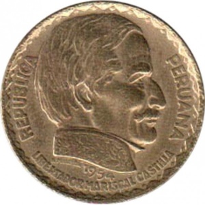 Аверс монеты Перу, 10 сентаво, 1954, 100 лет Либеральной революции, Рамон Кастилья