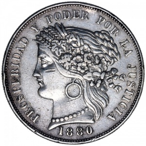 Аверс монеты Перу, 5 песет, 1880-1882
