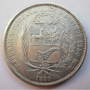 Аверс монеты Перу, 50 сентимо, 1858, Стоящая Свобода