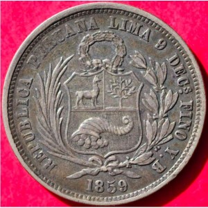 Аверс монеты Перу, 50 сентимо, 1858-1859, Сидящая Свобода с длинными волосами