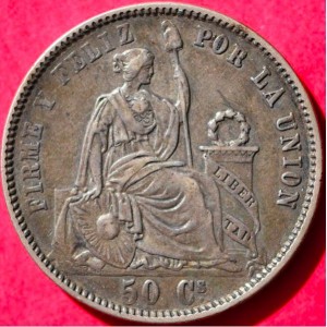 Реверс монеты Перу, 50 сентимо, 1858-1859, Сидящая Свобода с длинными волосами