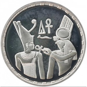 Реверс монеты Египет, 5 фунтов, 1994, Царь Сесострис I и Бог Ра