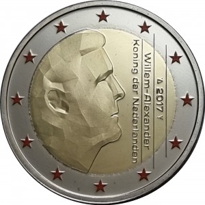 Аверс монеты Нидерланды, 2 евро, 2017, 50 лет со дня рождения короля Виллема Александра /оранжевые звезды/