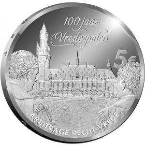 Реверс монеты Нидерланды, 5 евро, 2013, 100 лет Дворцу мира