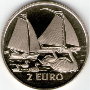 Реверс монеты Нидерланды, 2 евро, 1997, Внутренняя навигация /2 корабля и 2 лебедя/