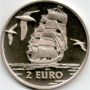Реверс монеты Нидерланды, 2 евро, 1997, Внутренняя навигация /корабль и 3 чайки/