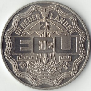 Аверс монеты Нидерланды, 2½ ЭКЮ, 1991, 25 лет со дня свадьбы Королевы Беатрикс