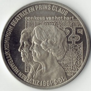 Реверс монеты Нидерланды, 2½ ЭКЮ, 1991, 25 лет со дня свадьбы Королевы Беатрикс